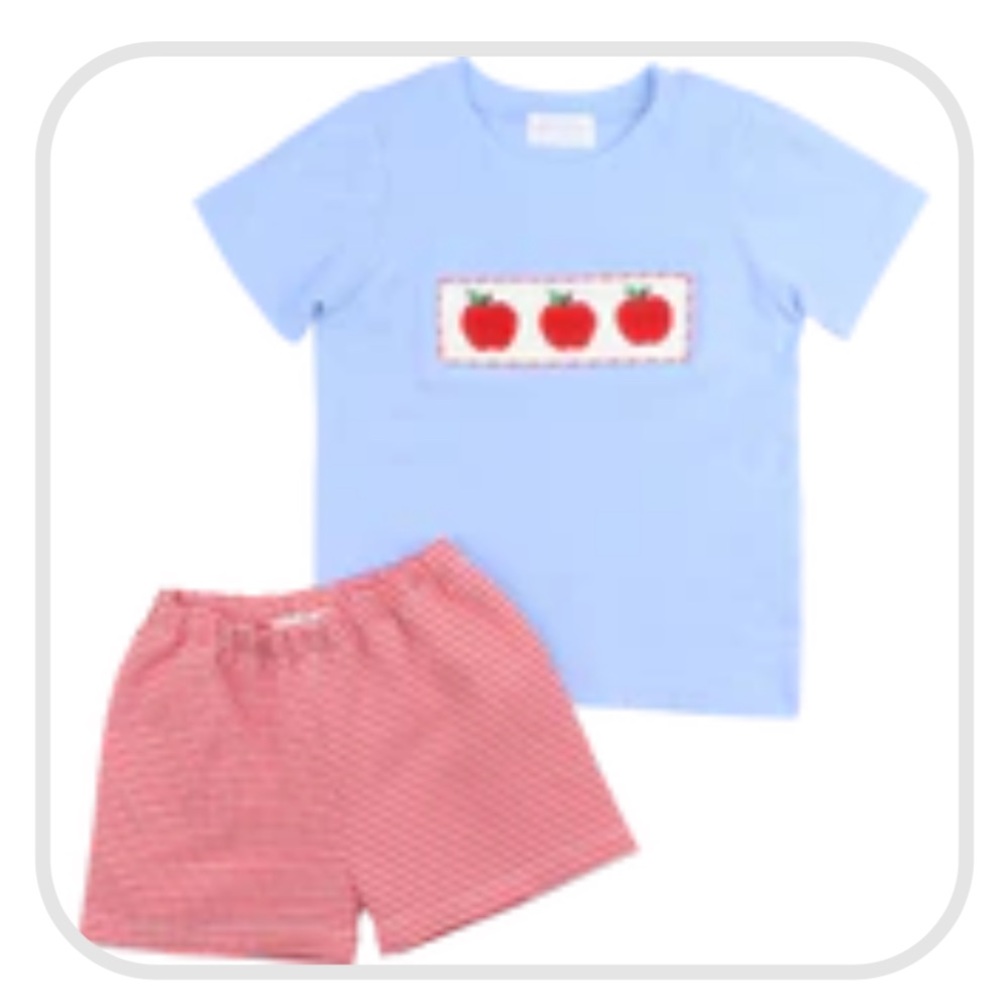 Cecil and Lou Red Seersucker Smocked Apple Short Set - 2T